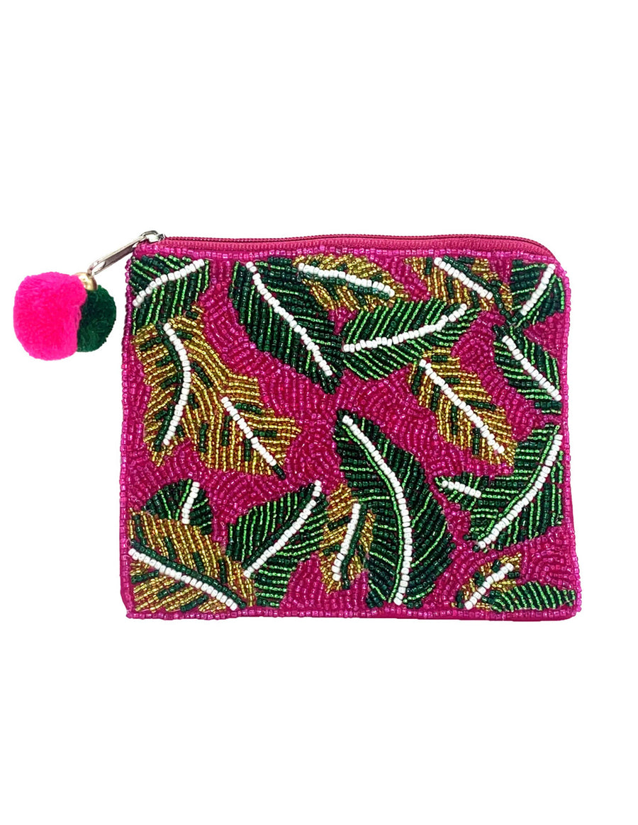 Fuschia With Leaf Print Beaded Pouch LAC-CP-1247