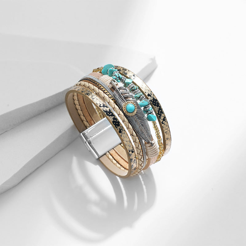 Feather Turquoise Leather Magnetic Bracelet B3779 - view 5