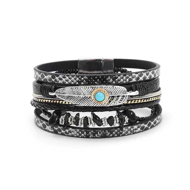 Feather Turquoise Leather Magnetic Bracelet B3779 - view 2