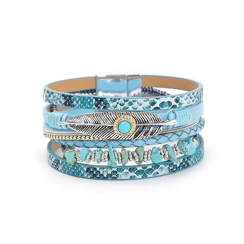 Feather Turquoise Leather Magnetic Bracelet B3779 - view 3