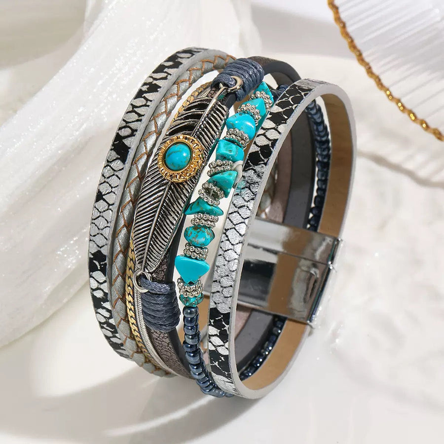 Feather Turquoise Vegan Leather Magnetic Bracelet B3779