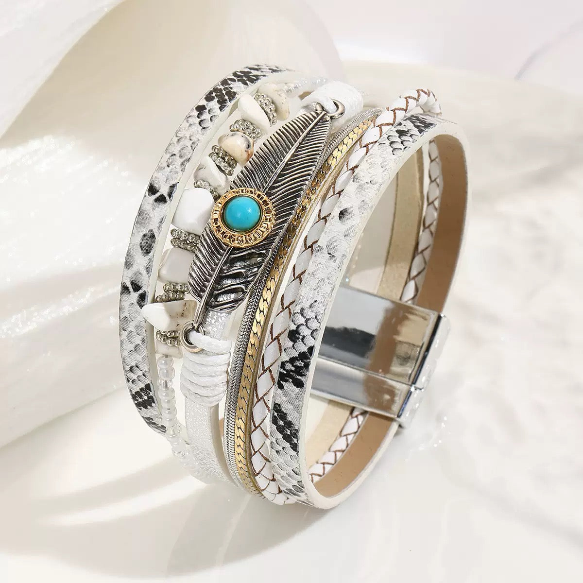 Feather Turquoise Leather Magnetic Bracelet B3779 - view 7