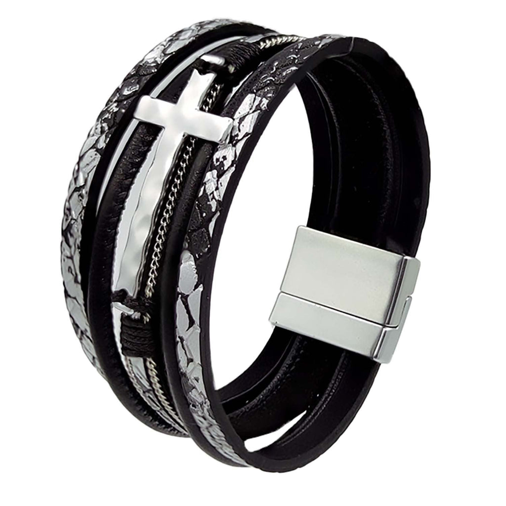 Cross Pendant Leatherette Magnetic Bracelet B3922