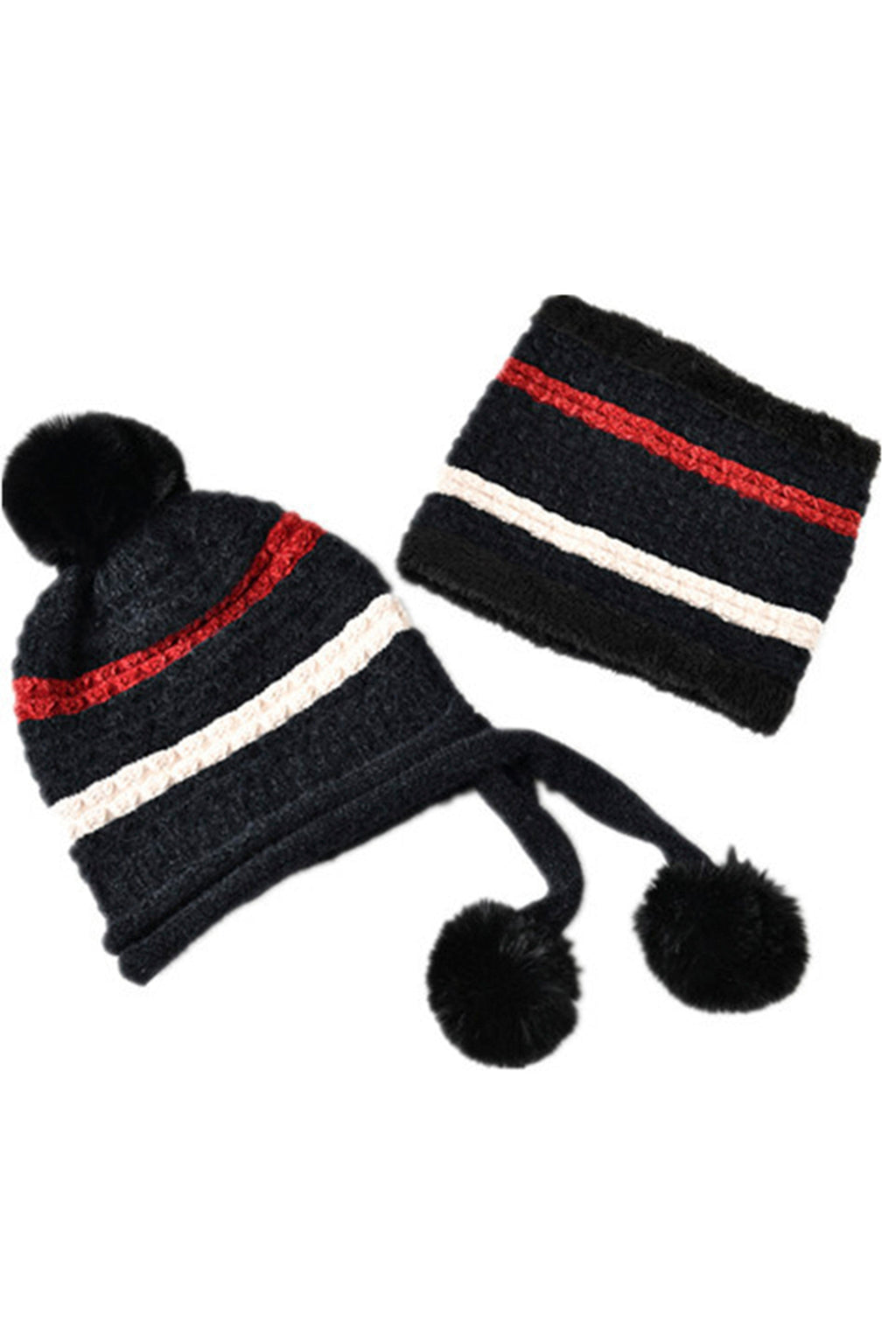 Pompom Knitted Bib Beanie Set C0225
