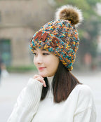 Wool Ball Mixed-color Knitted Beanie C0235
