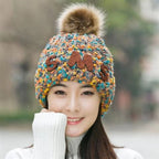 Wool Ball Mixed-color Knitted Beanie C0235