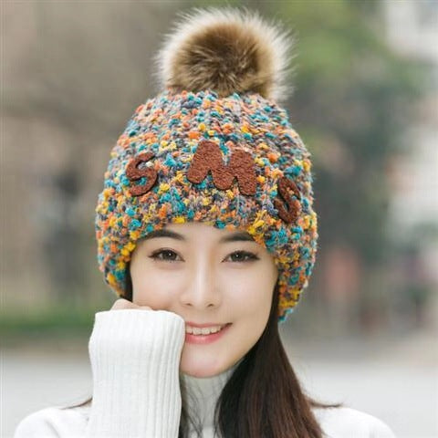 Wool Ball Mixed-color Knitted Beanie C0235