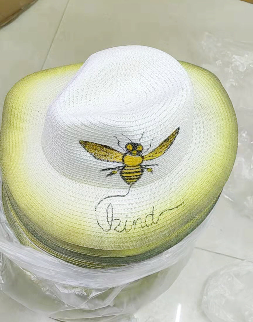 Bee Printed Straw Fedora Hat C0370