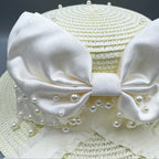 Bow Pearl Ribbon Straw Fedora Hat C0793