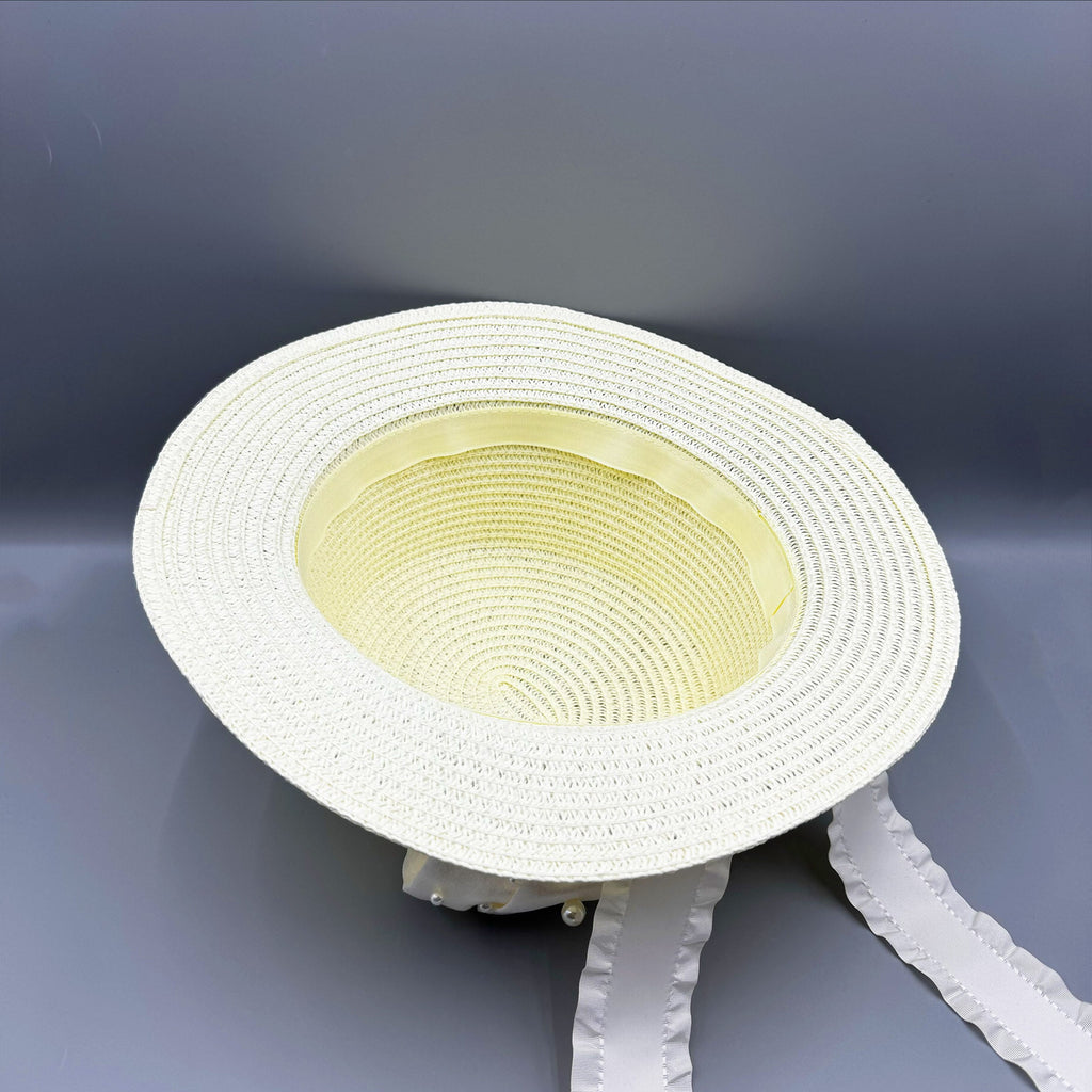 Bow Pearl Ribbon Straw Fedora Hat C0793