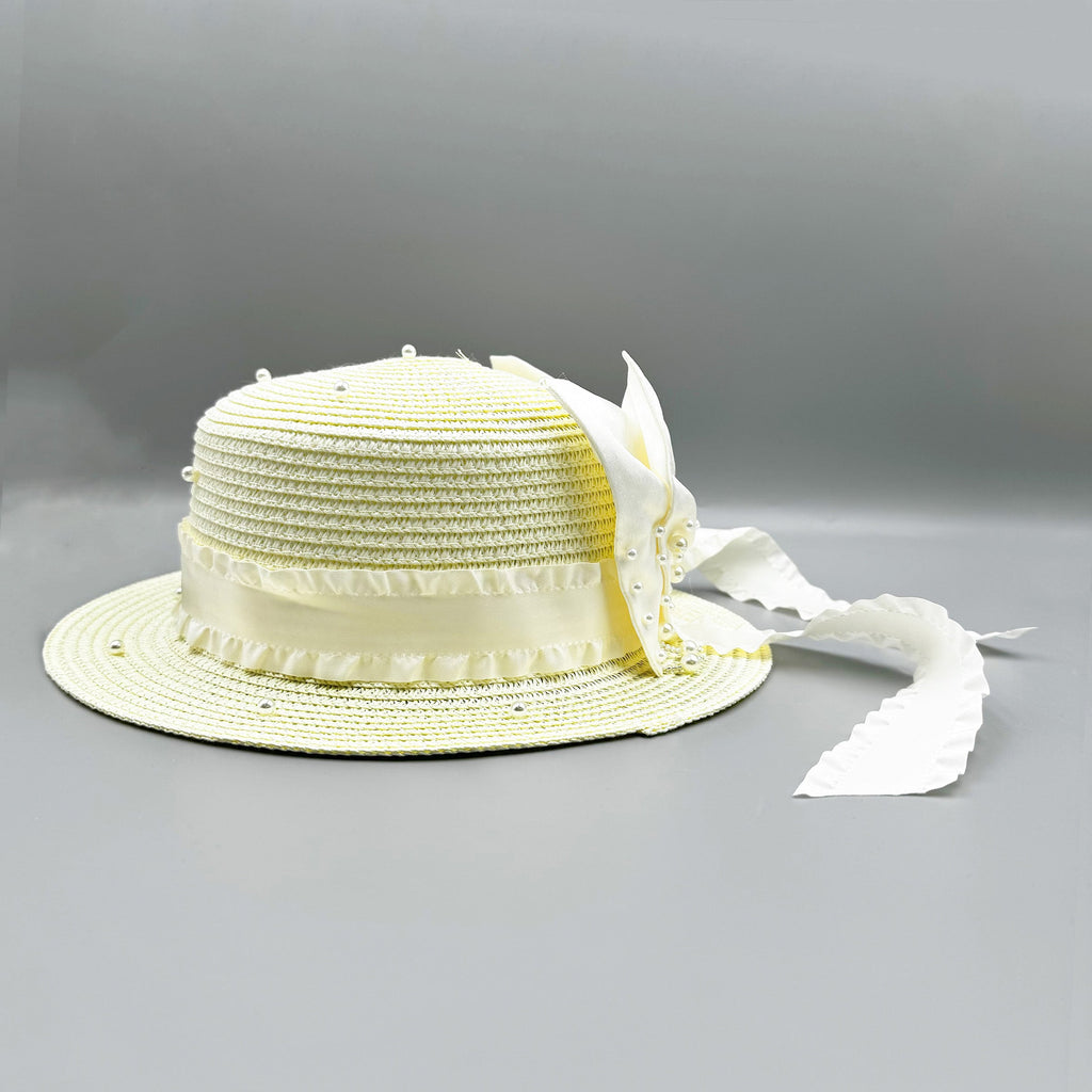 Bow Pearl Ribbon Straw Fedora Hat C0793