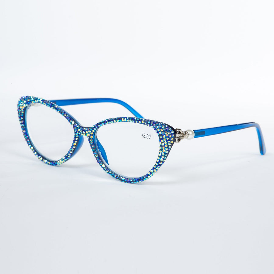 Handmade Rhinestone Cat-Eye Reader Glasses G0399-Blue-AB