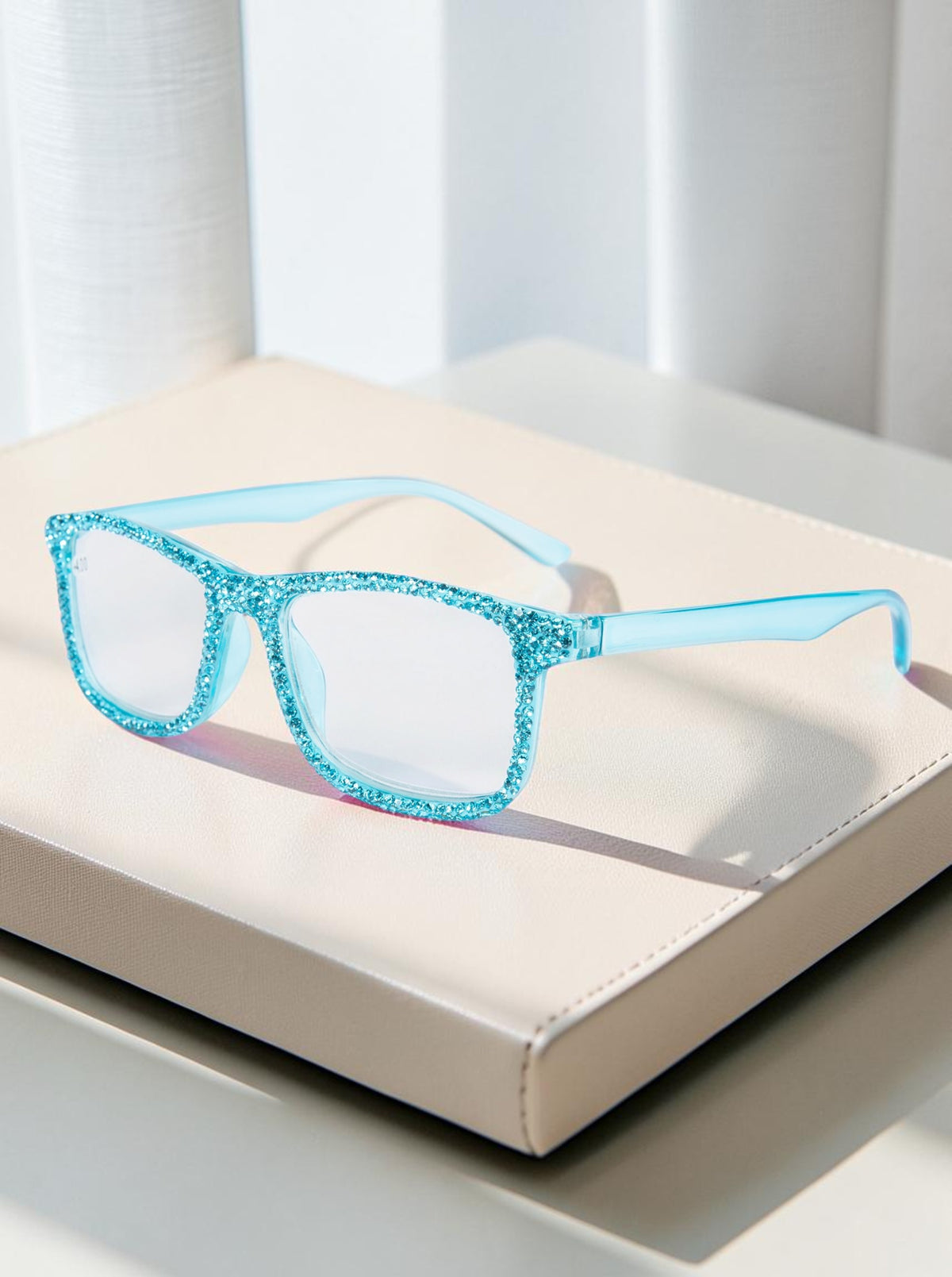 Handmade Rhinestone Rectangle Reader Glasses G0497-Light Blue