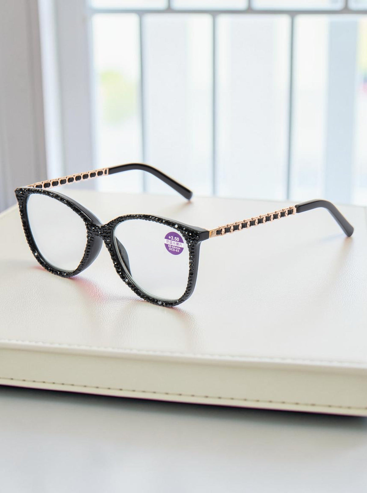 Handmade Rhinestone Rectangle Reader Glasses G0542-Black