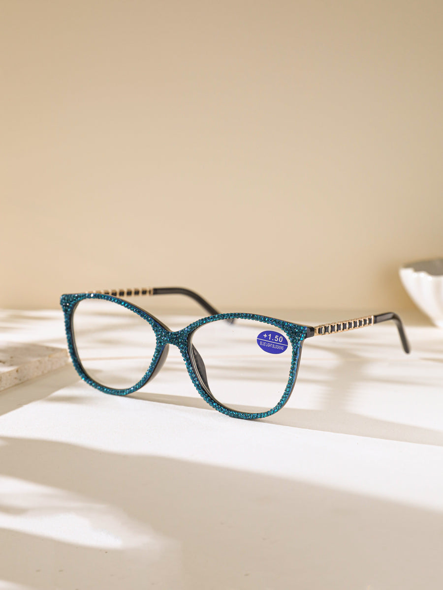 Handmade Rhinestone Rectangle Reader Glasses G0542-Blue