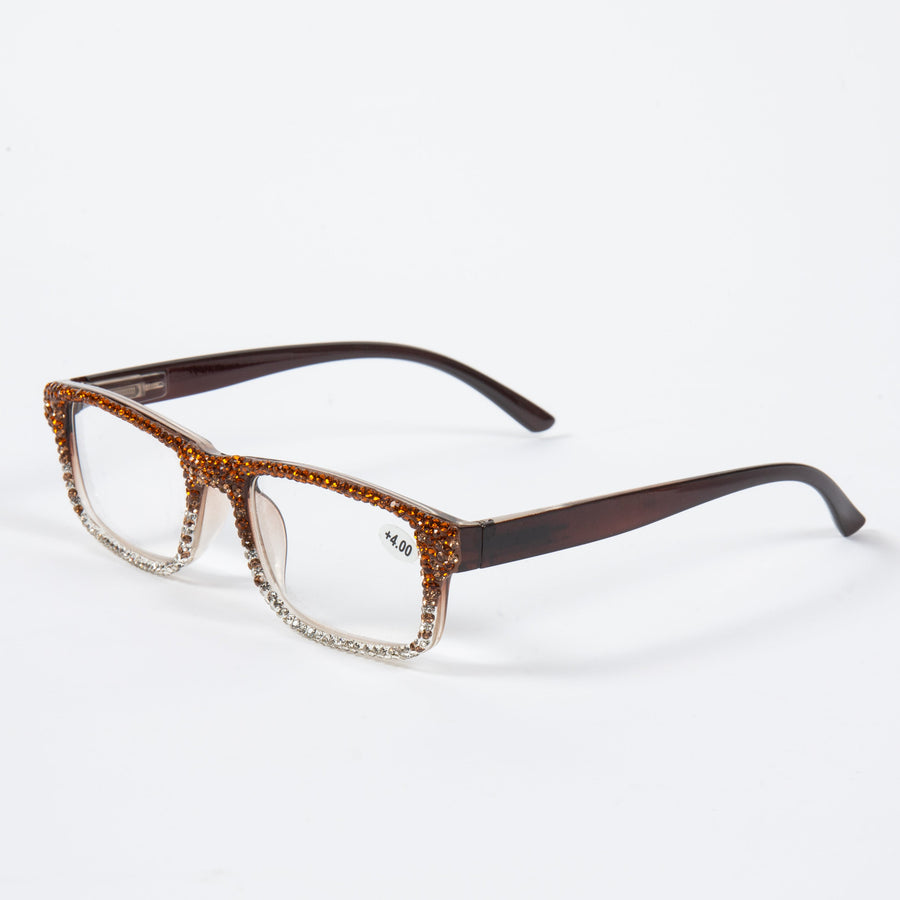Handmade Rhinestone Rectangle Reader Glasses G0555-Brown