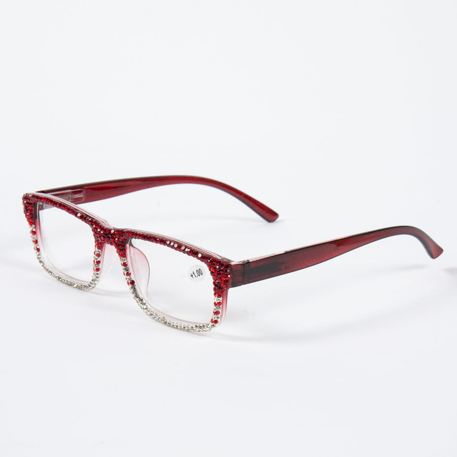 Handmade Rhinestone Rectangle Reader Glasses G0555-Red