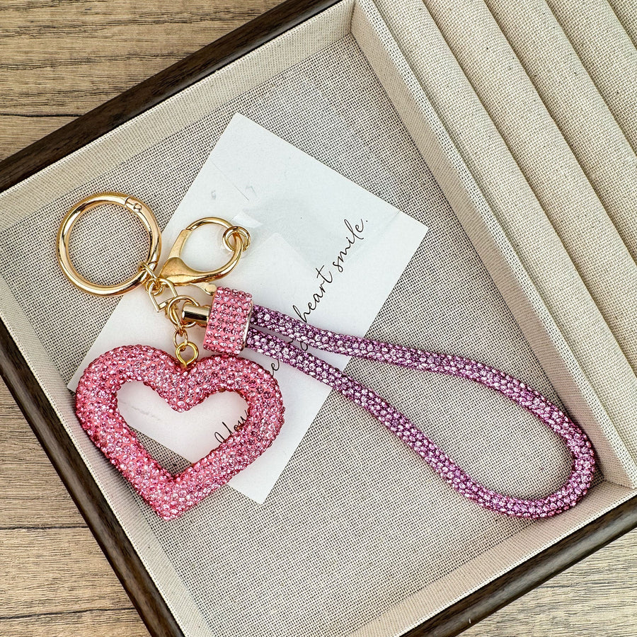 Heart-Shaped Rhinestone-Embellished Alloy Keychain Wristlet K1432