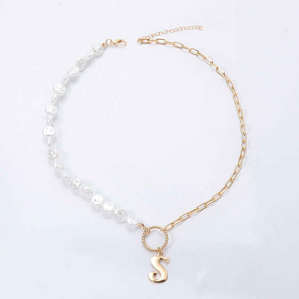 S Pendant Pearl Chain Necklace N3981