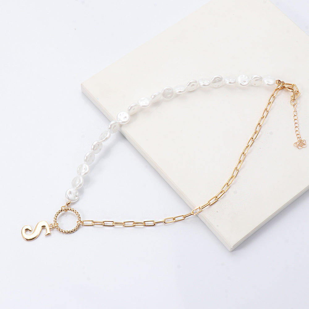 S Pendant Pearl Chain Necklace N3981