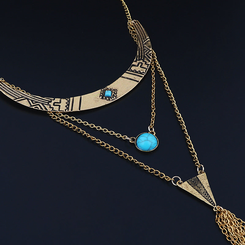 Turquoise Tassel Multilayer Alloy Necklace N4154