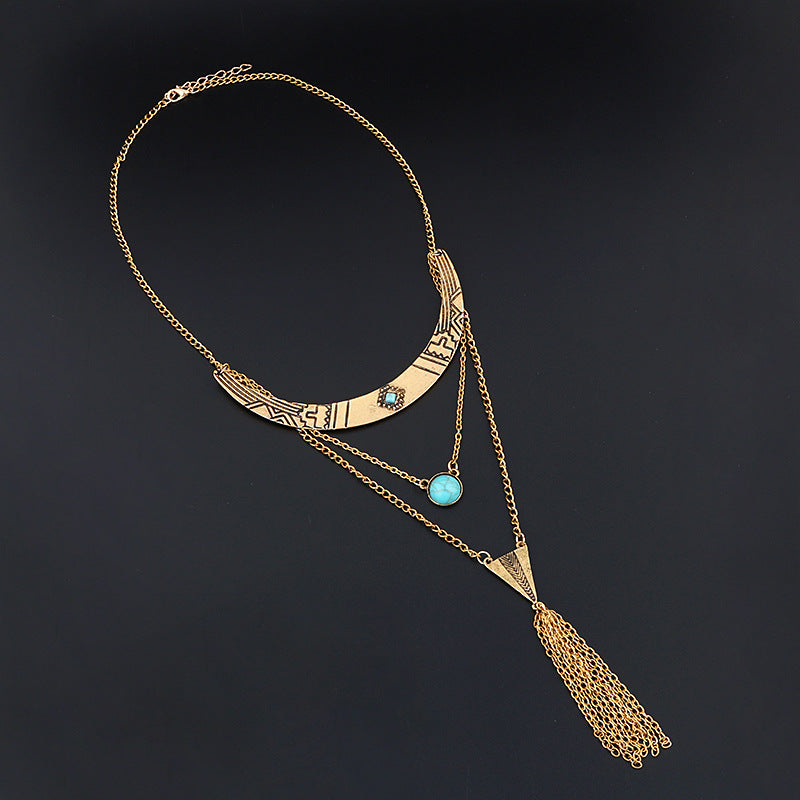 Turquoise Tassel Multilayer Alloy Necklace N4154
