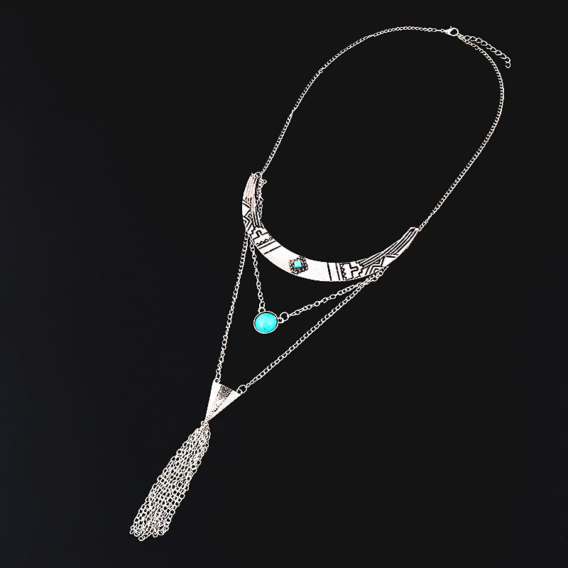 Turquoise Tassel Multilayer Alloy Necklace N4154