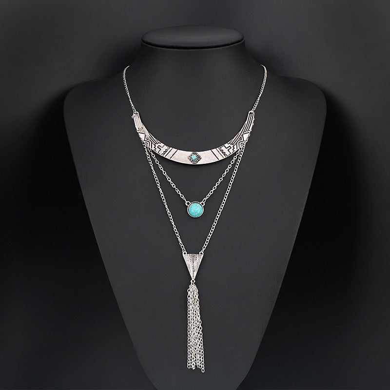 Turquoise Tassel Multilayer Alloy Necklace N4154