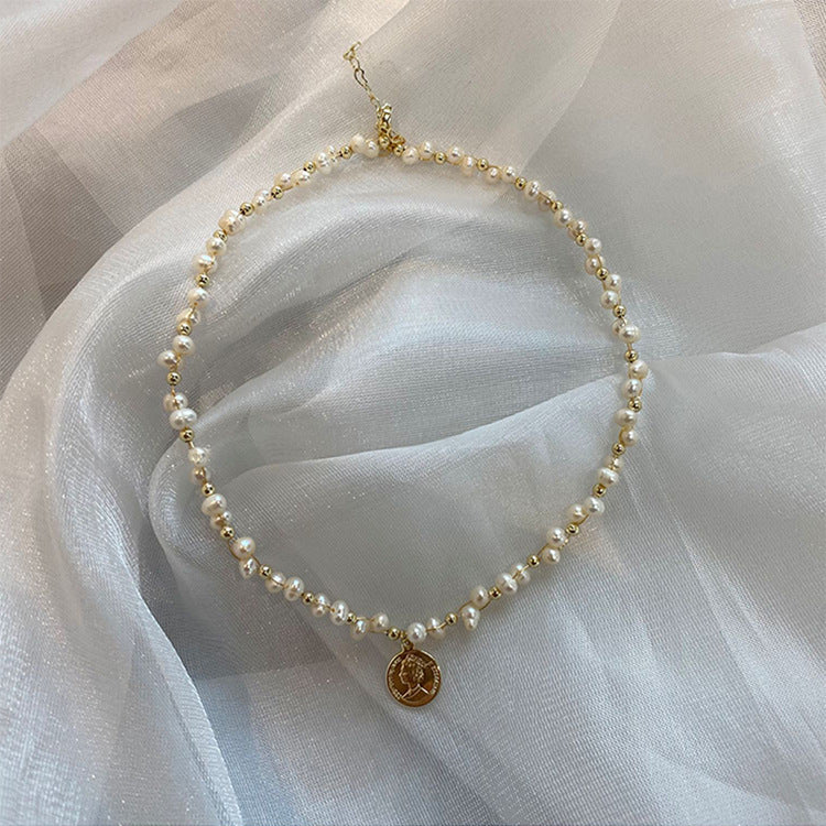 Coin Pendant Pearl Bead Necklace N4609