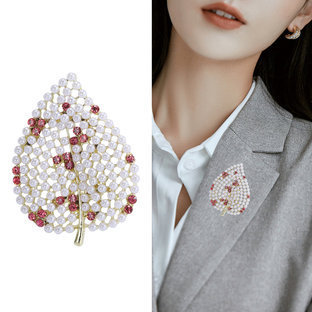 Pearl Rhinestone Leaf Brooch PA4908