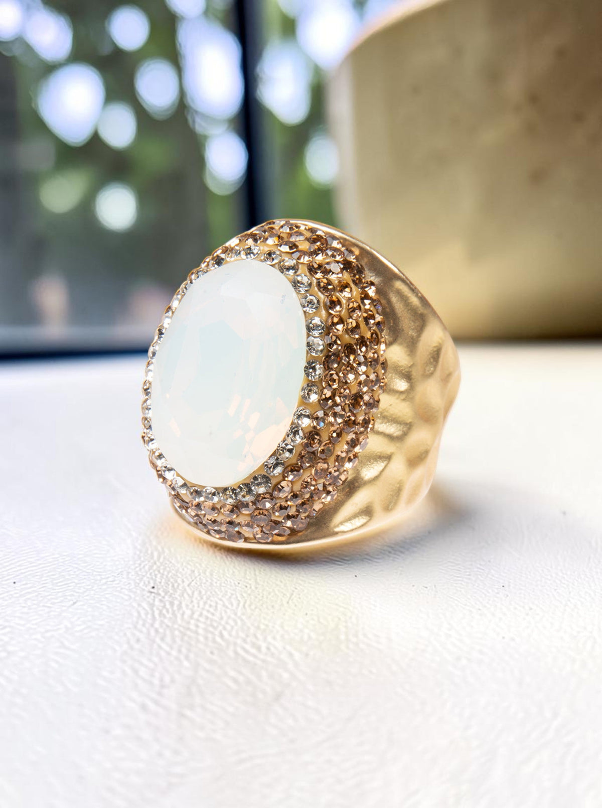 Round Crystal Pavé Cocktail Ring R2531 - White Opal - view 3