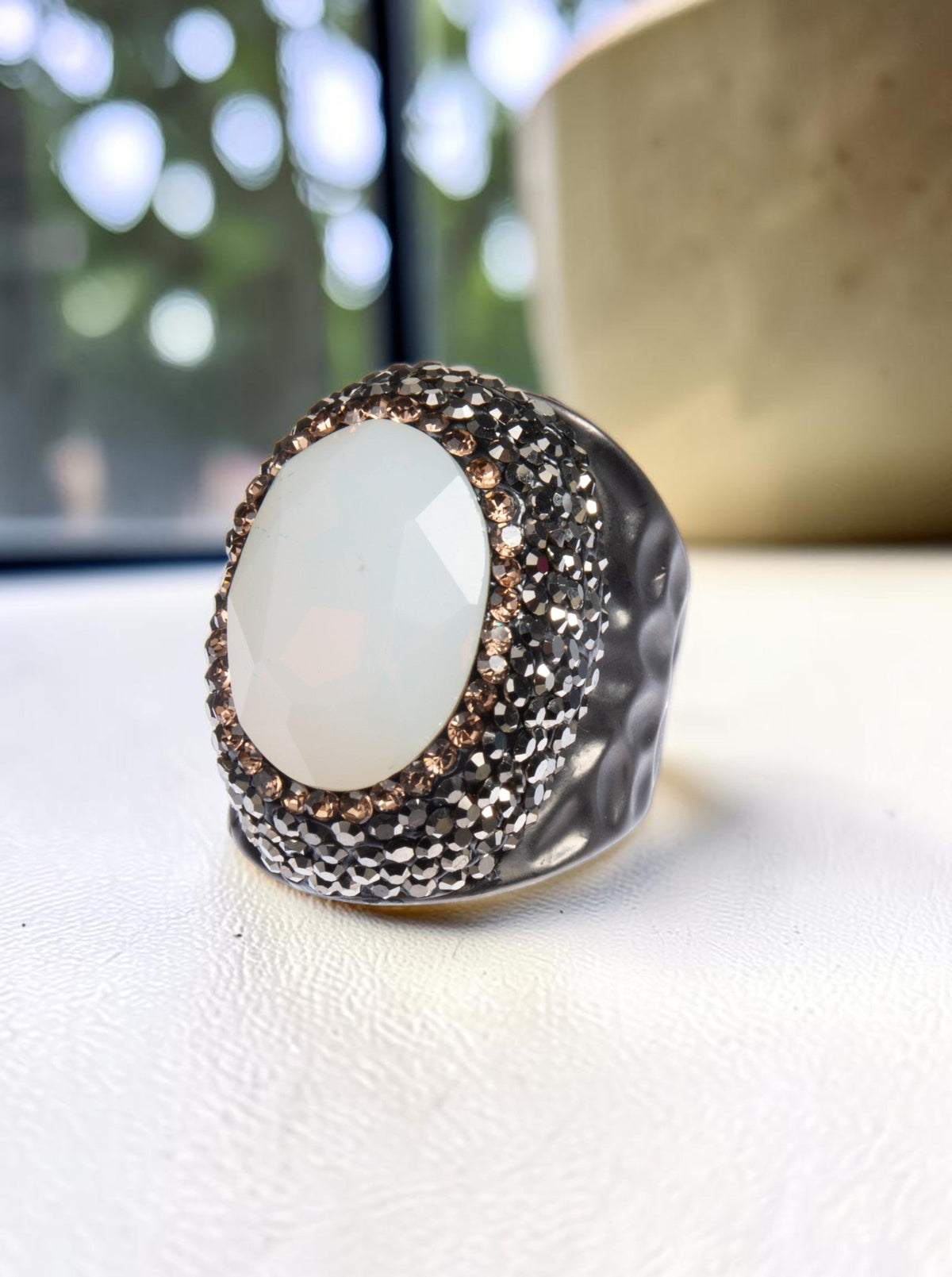 Round Crystal Pavé Cocktail Ring R2531 - White Opal - view 4