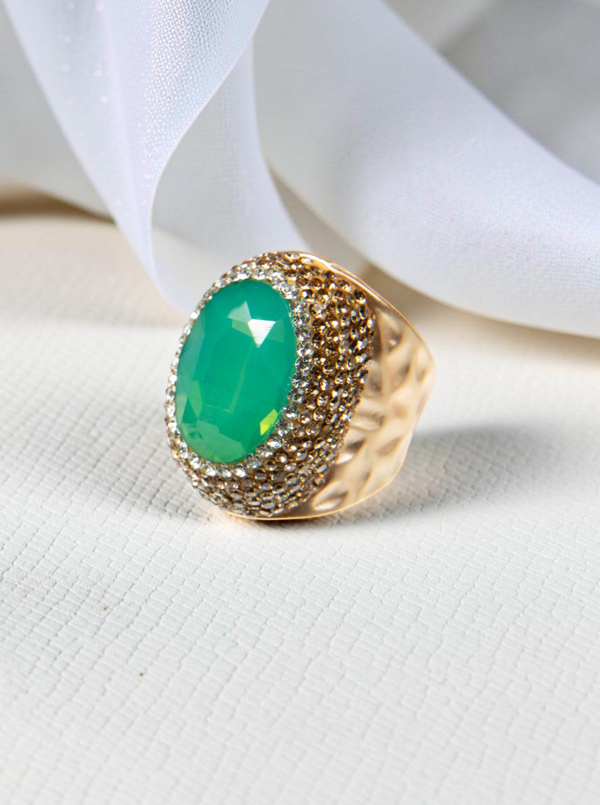 Round Crystal Pavé Cocktail Ring R2531 - Green Opal