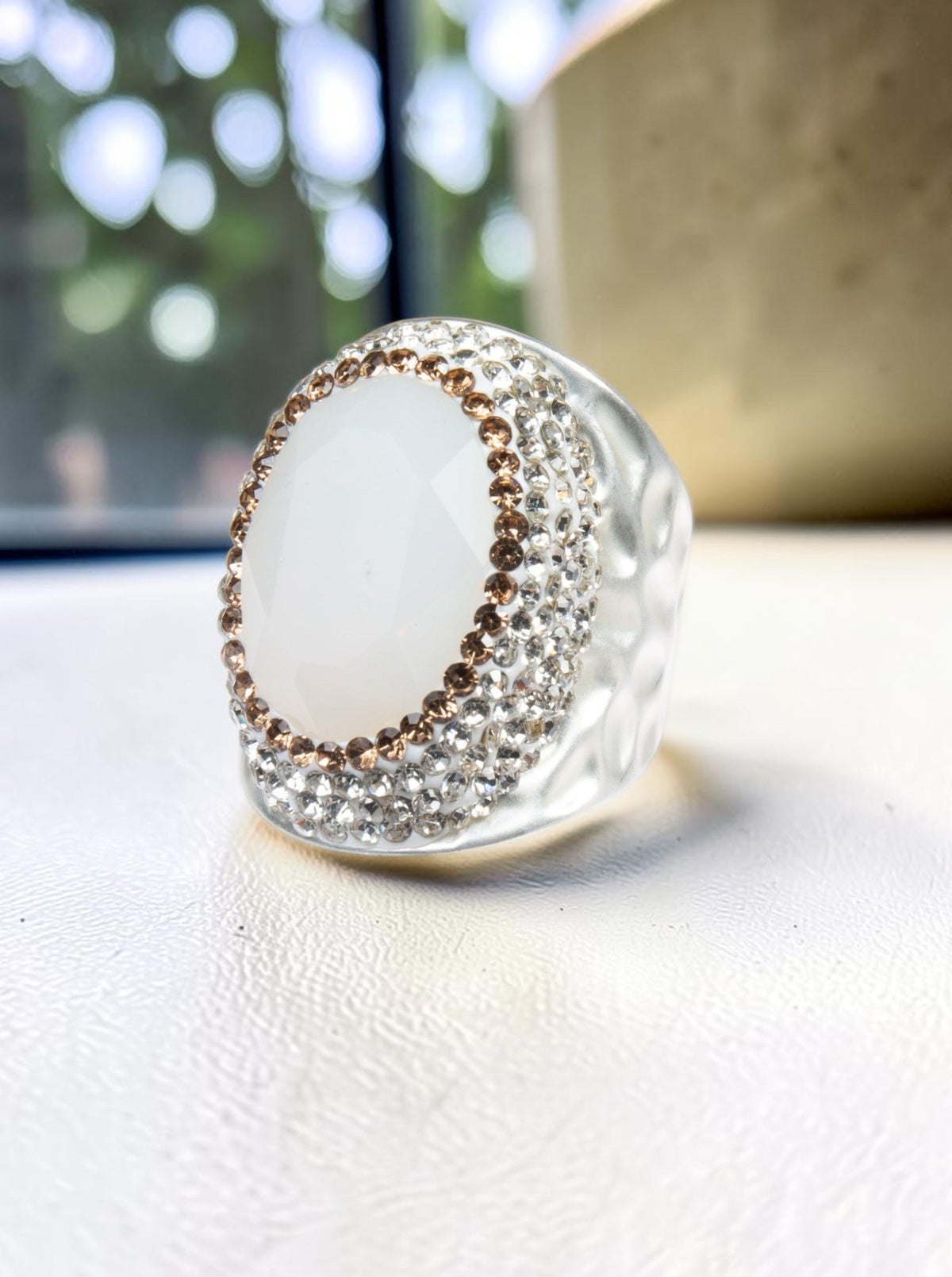 Round Crystal Pavé Cocktail Ring R2531 - White Opal - view 2