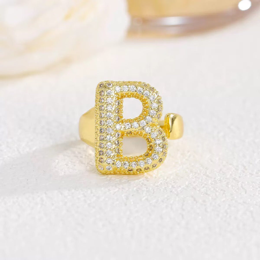 18K Gold-Plated Alphabet Cubic Zirconia Ring R2744