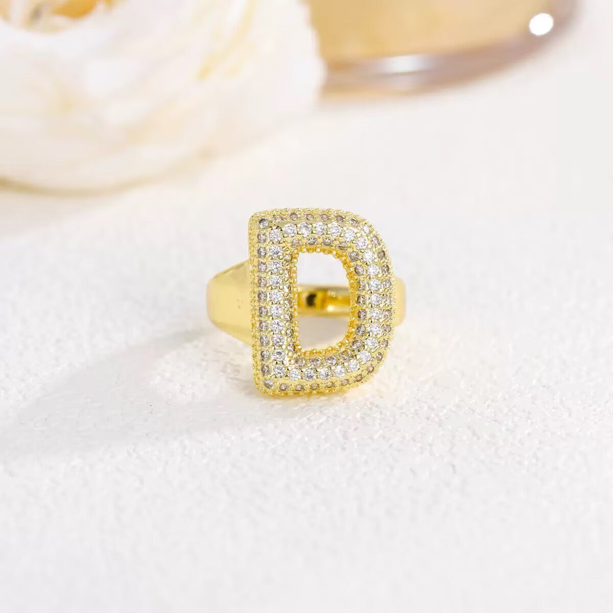 18K Gold Plated Alphabet Cubic Zirconia Ring R2744 - letter D