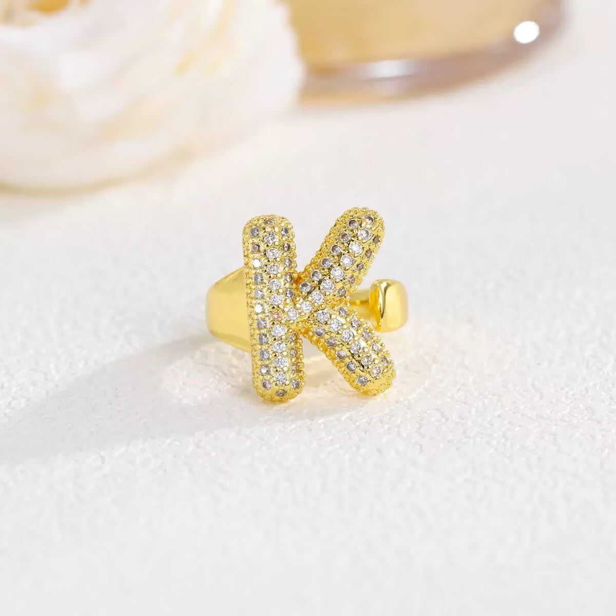 18K Gold Plated Alphabet Cubic Zirconia Ring R2744 - letter K
