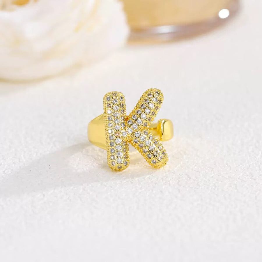 18K Gold-Plated Alphabet Cubic Zirconia Ring R2744