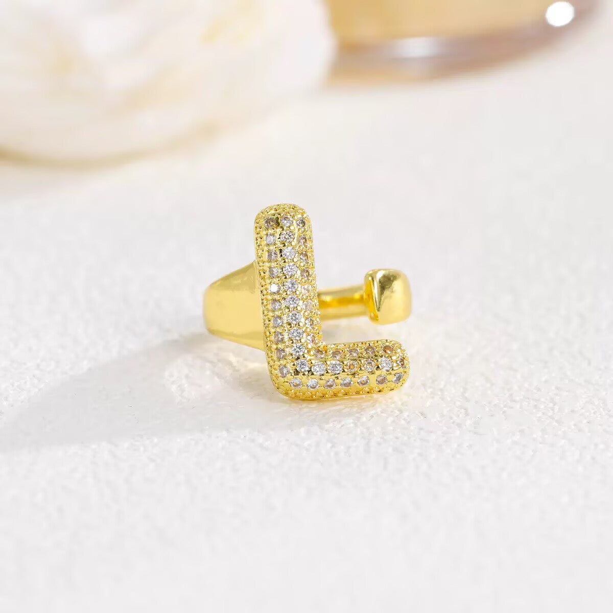 18K Gold Plated Alphabet Cubic Zirconia Ring R2744 - letter L