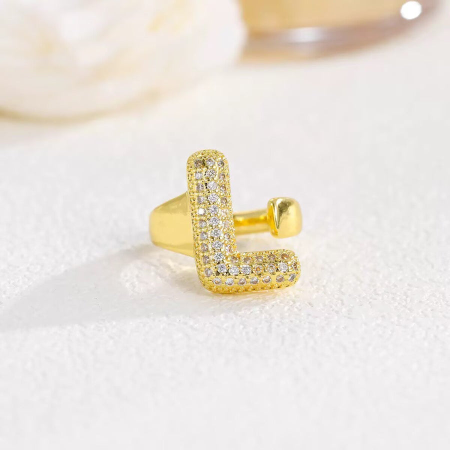 18K Gold-Plated Alphabet Cubic Zirconia Ring R2744