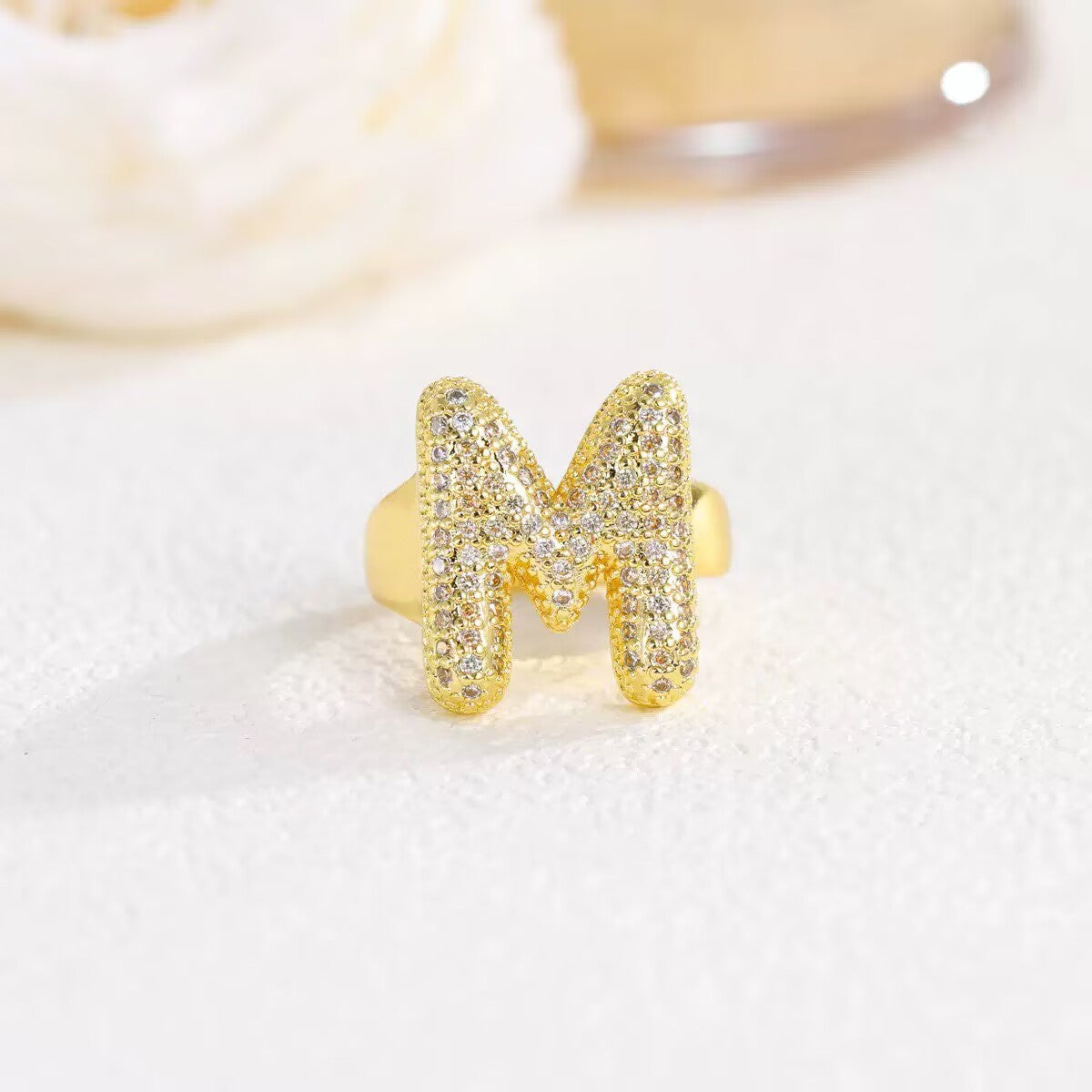 18K Gold Plated Alphabet Cubic Zirconia Ring R2744 - letter M