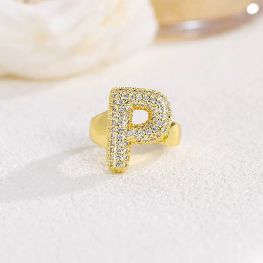 18K Gold-Plated Alphabet Cubic Zirconia Ring R2744