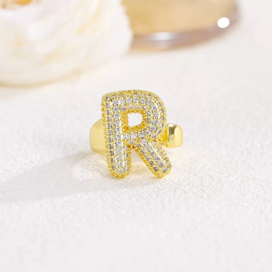 18K Gold-Plated Alphabet Cubic Zirconia Ring R2744