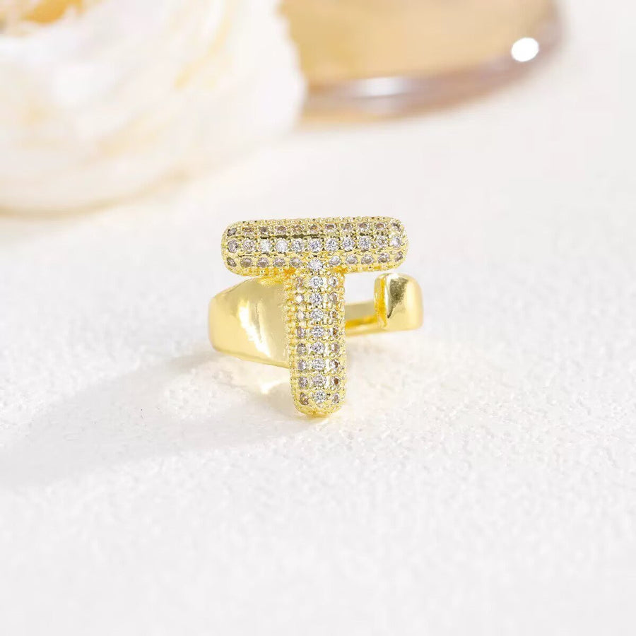 18K Gold-Plated Alphabet Cubic Zirconia Ring R2744