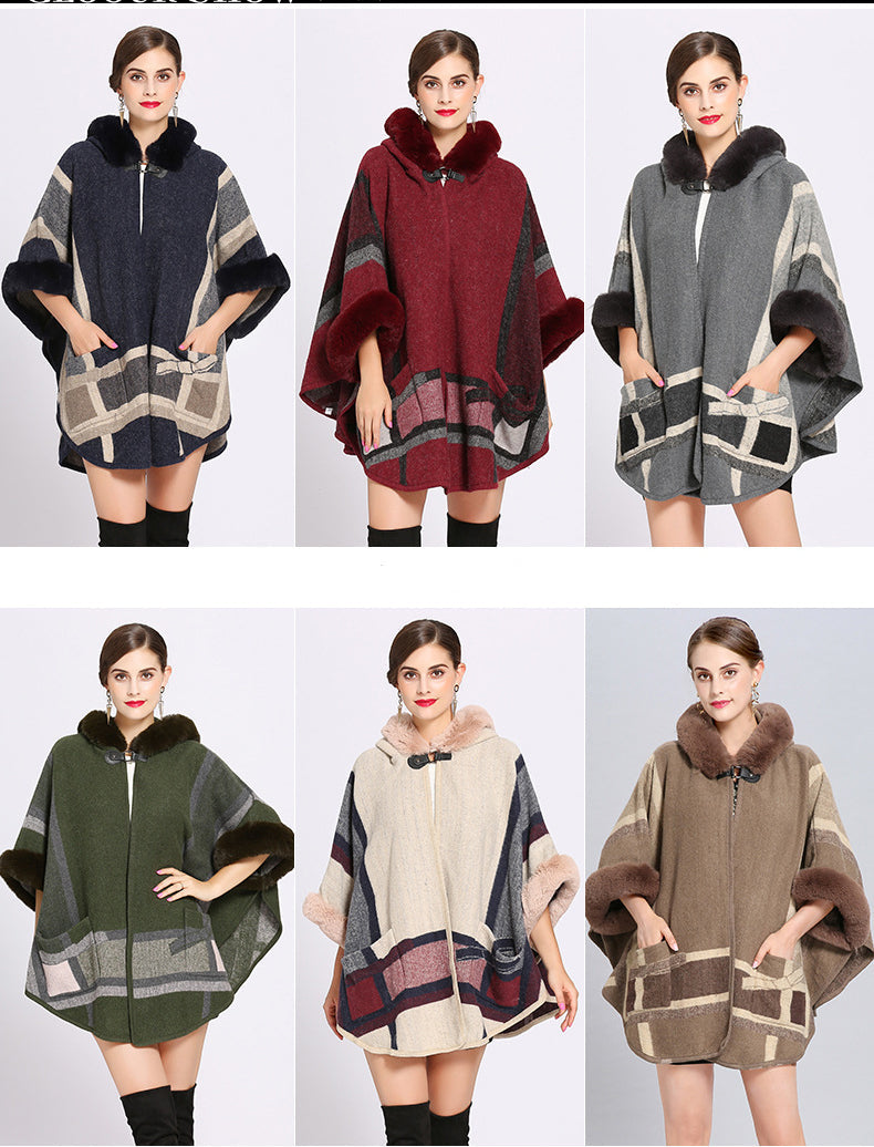 Fur Collar Check Hooded Cape S0139