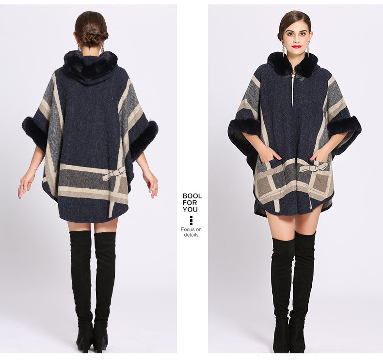 Fur Collar Check Hooded Cape S0139
