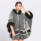 Fur Collar Check Hooded Cape S0139