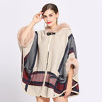 Fur Collar Check Hooded Cape S0139