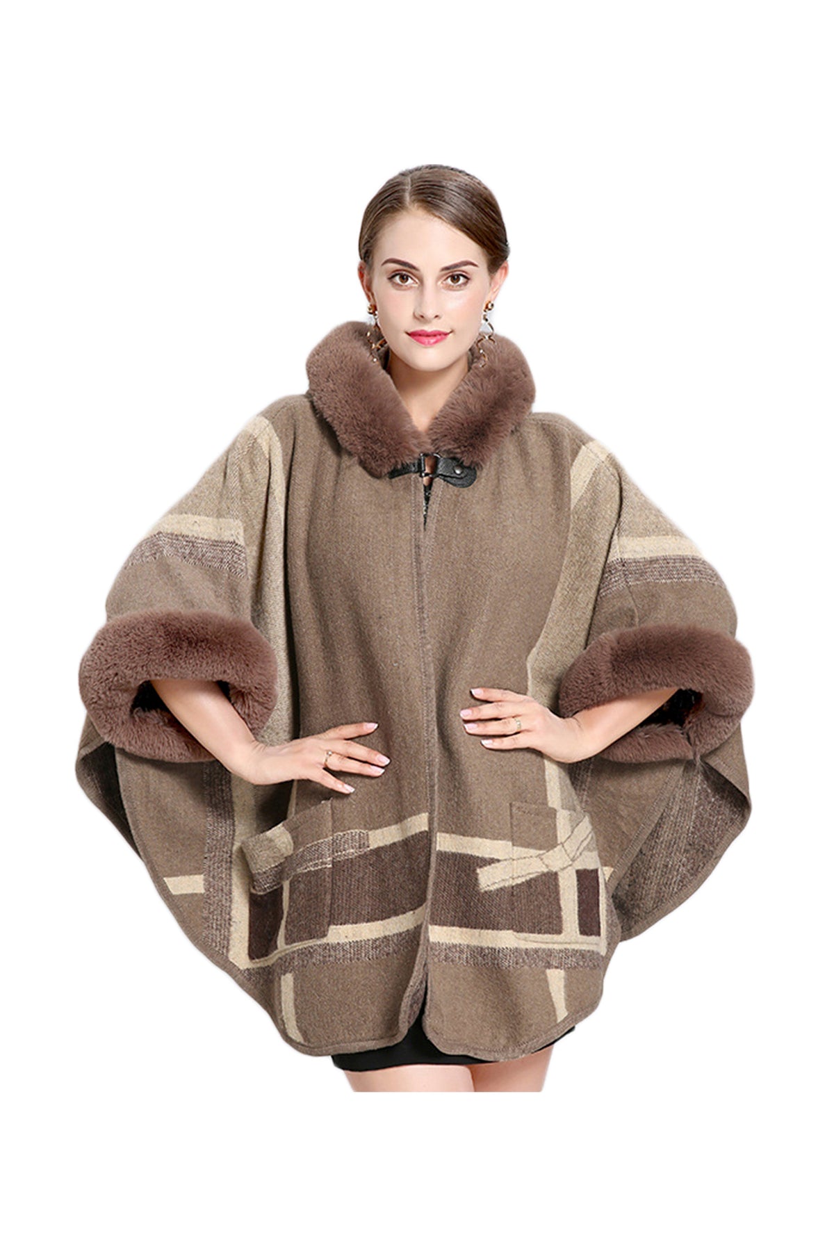 Fur Collar Check Hooded Cape S0139