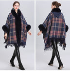 Fur Collar Check Hooded Cape S0140